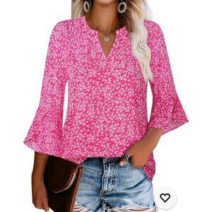 Gaharu Work Blouse Ruffle 3/4 Belle Sleeve Dressy V Neck Casual Business Top